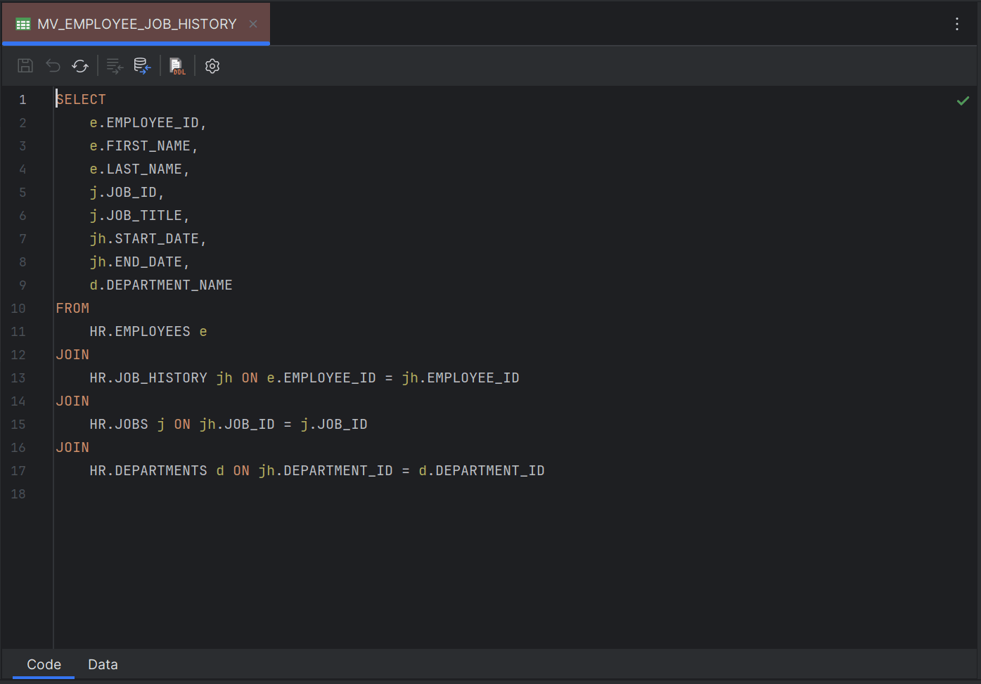 Sample code editor for materialized views