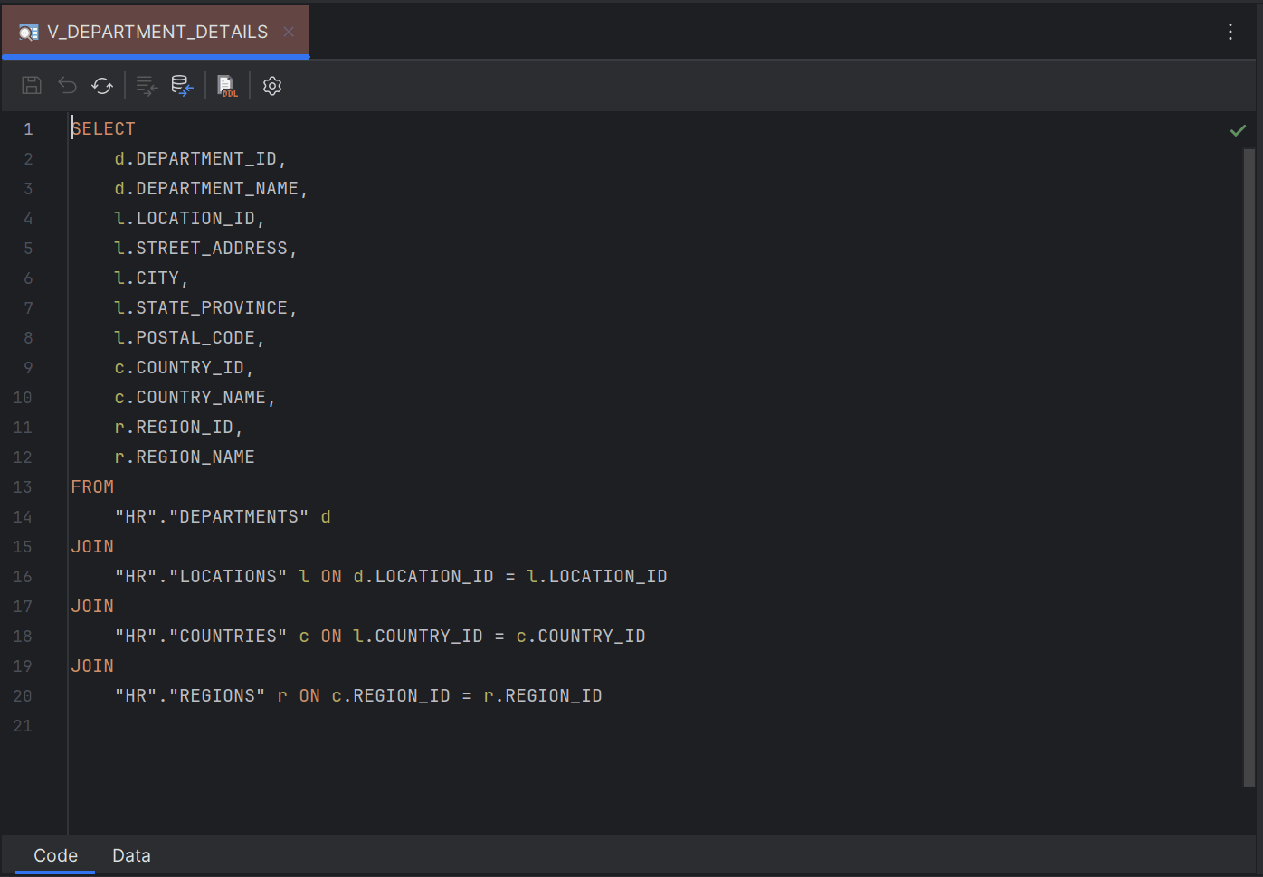 Sample code editor for database views