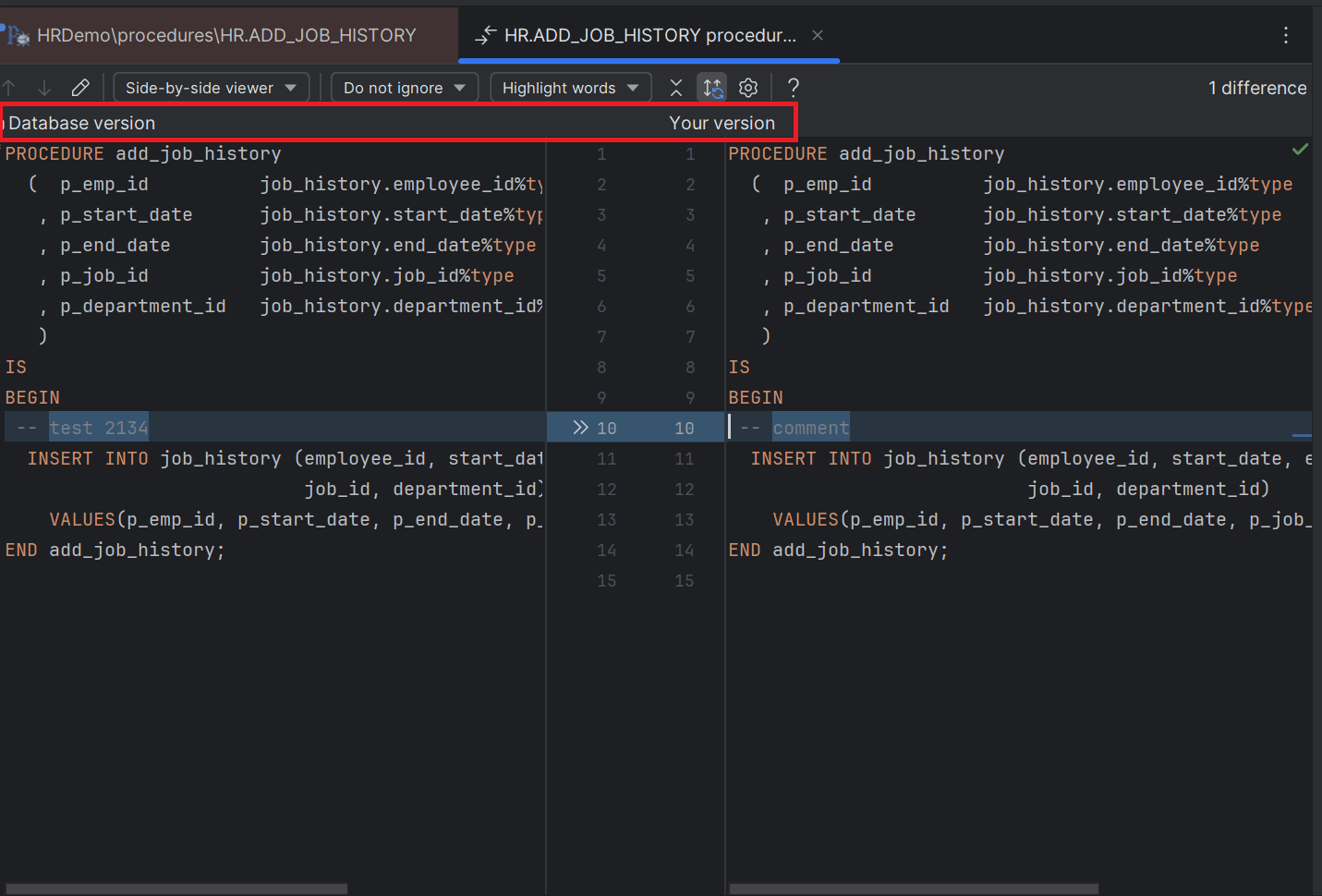 Compare code with database version