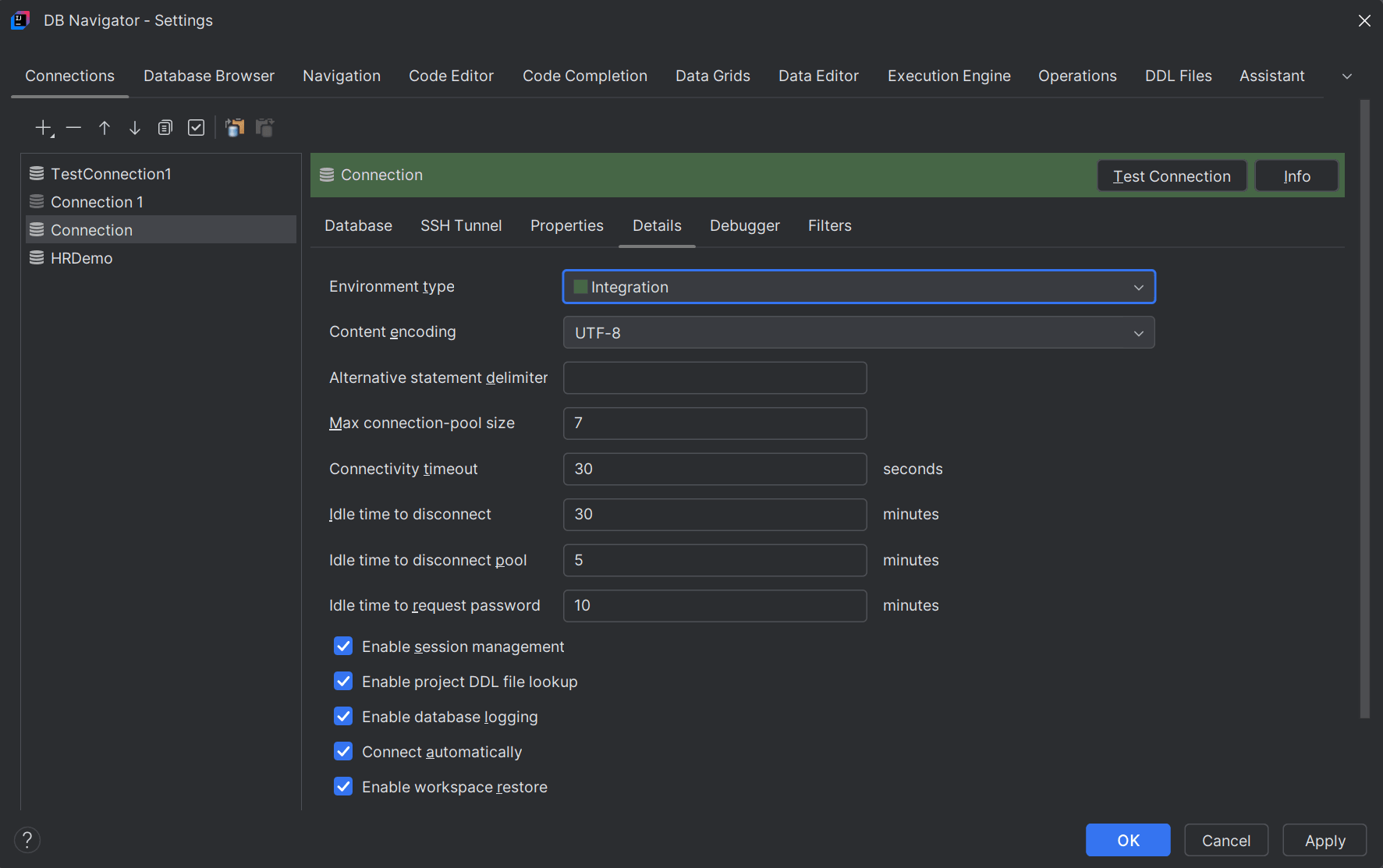 Connection Details settings