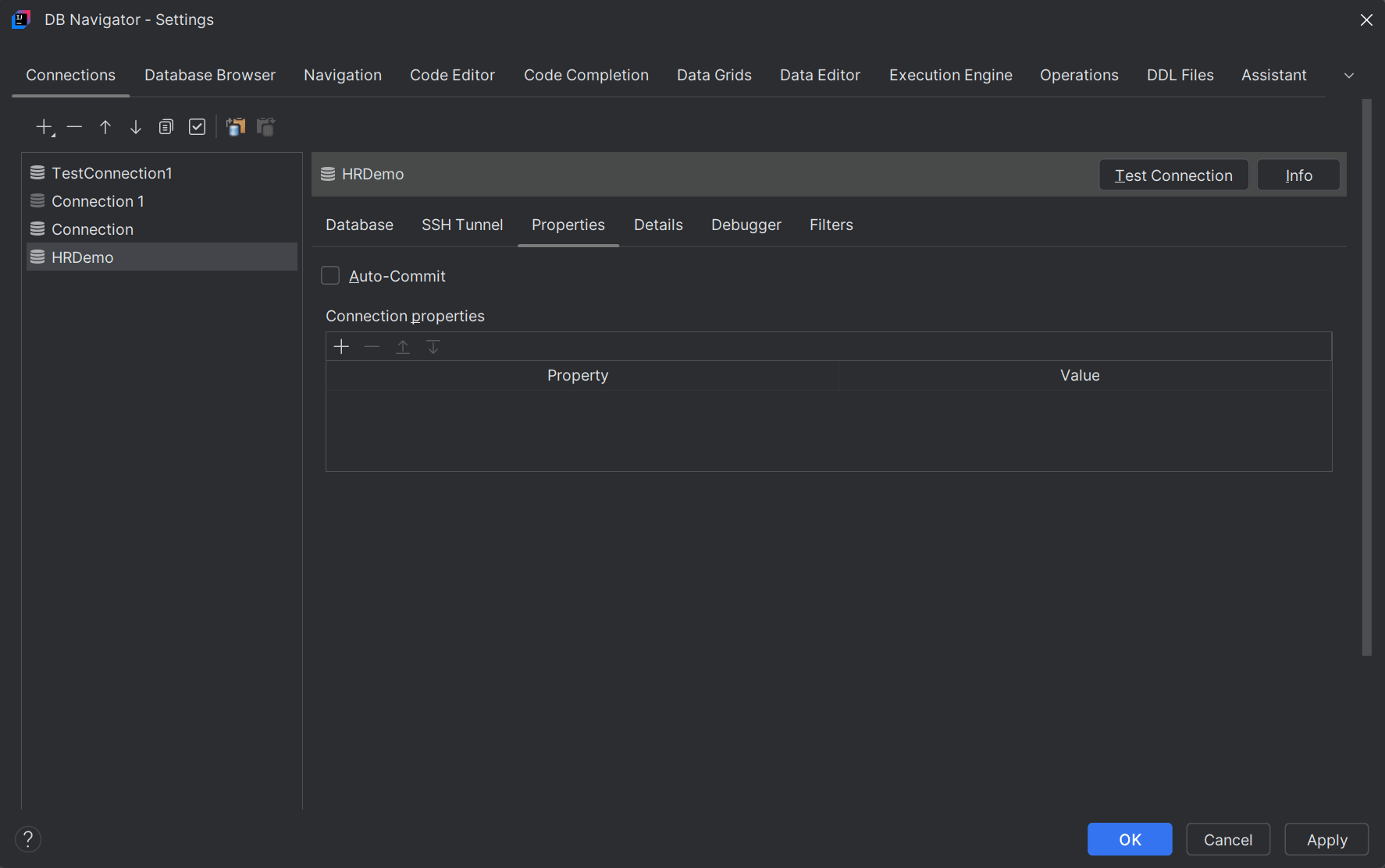 Database Connection Properties tab
