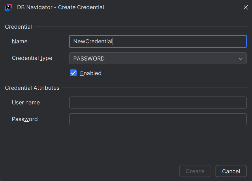 Create Credential window