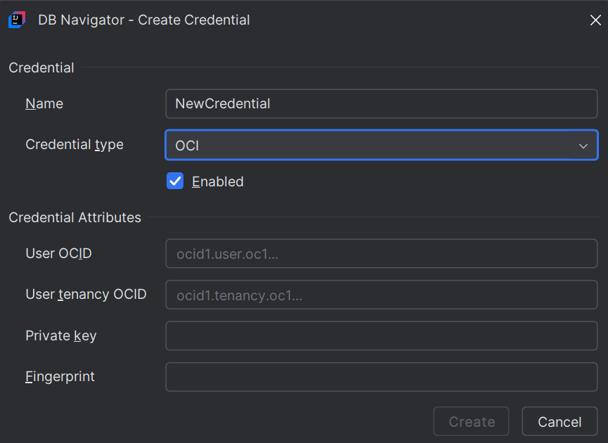 Create Credential window with OCI credential