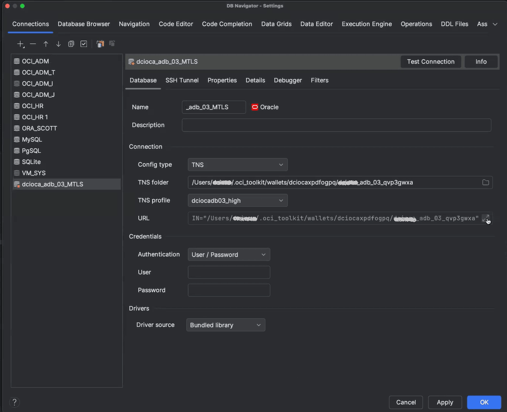 Create New OCI Connection - Connection tab