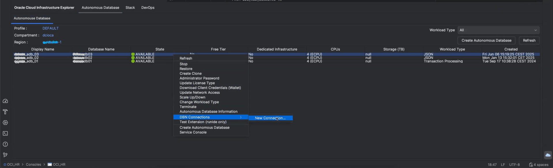 Create New OCI Connection