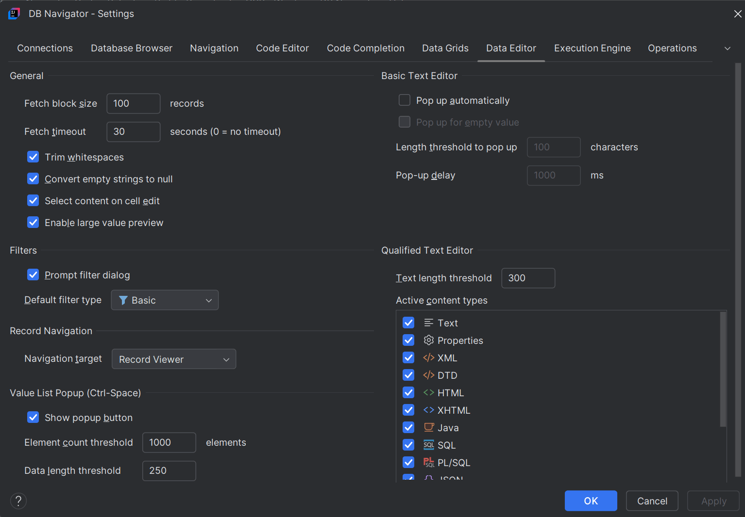 Data Editor settings