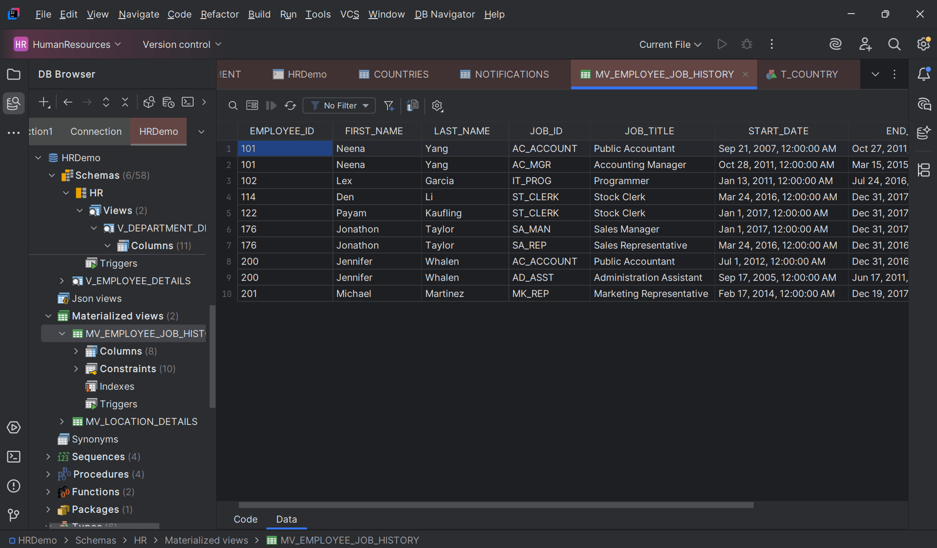Data viewer for DB materialized views