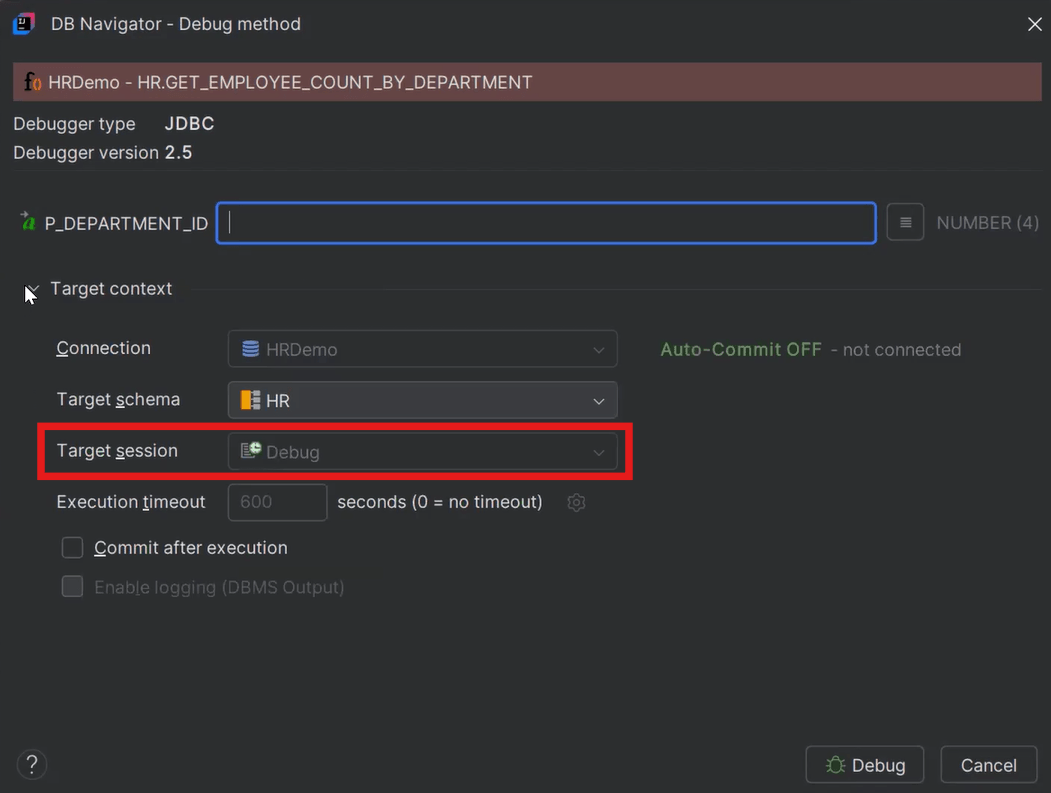 Session used for debugging a method