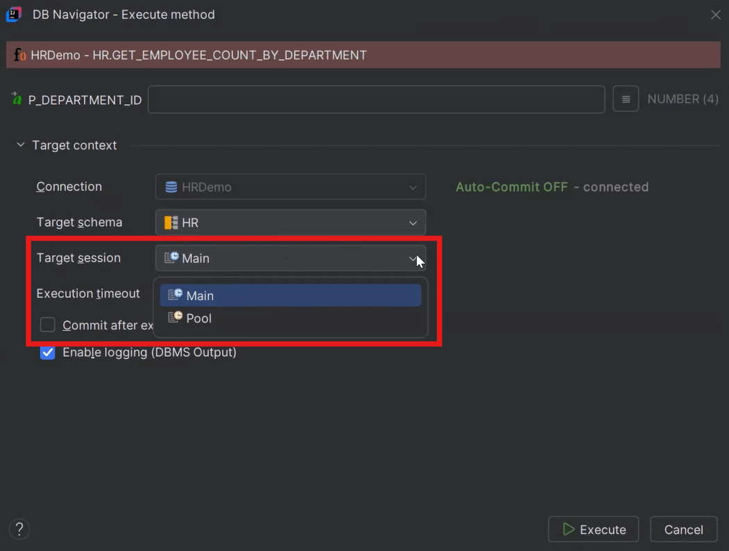 Session used for method execution transaction