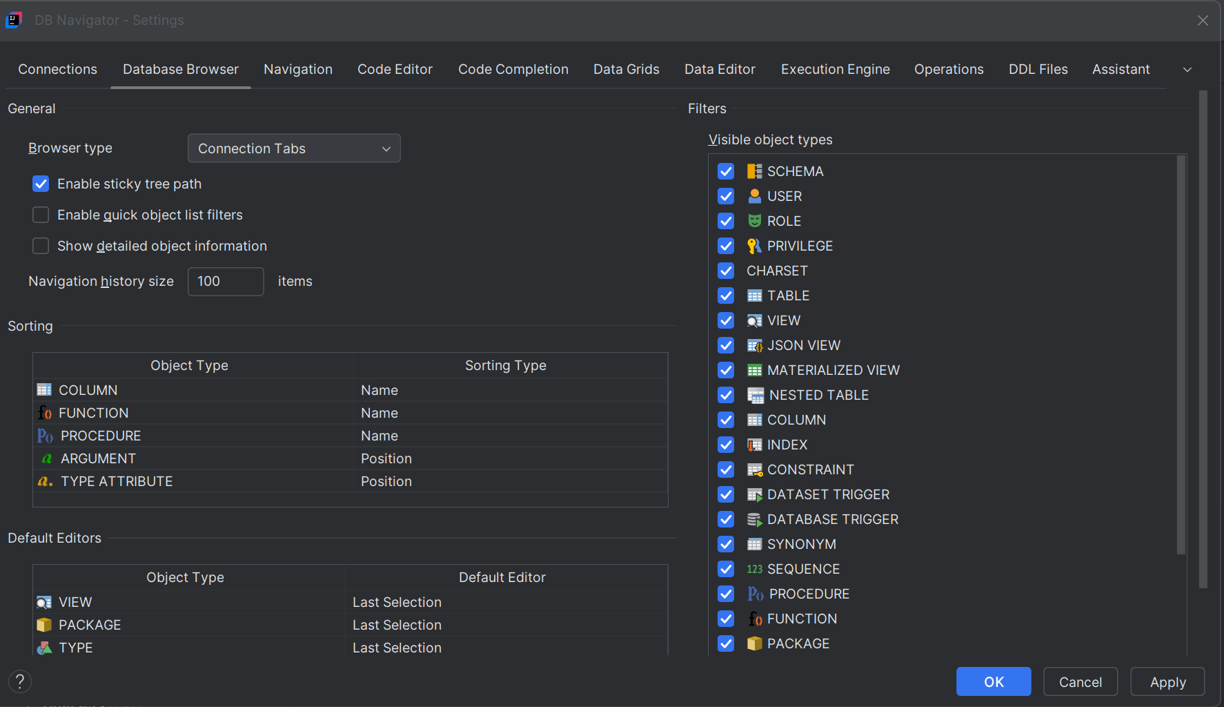Database Browser settings