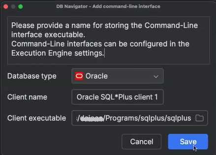 DB Navigator Add Command Line Interface dialog box