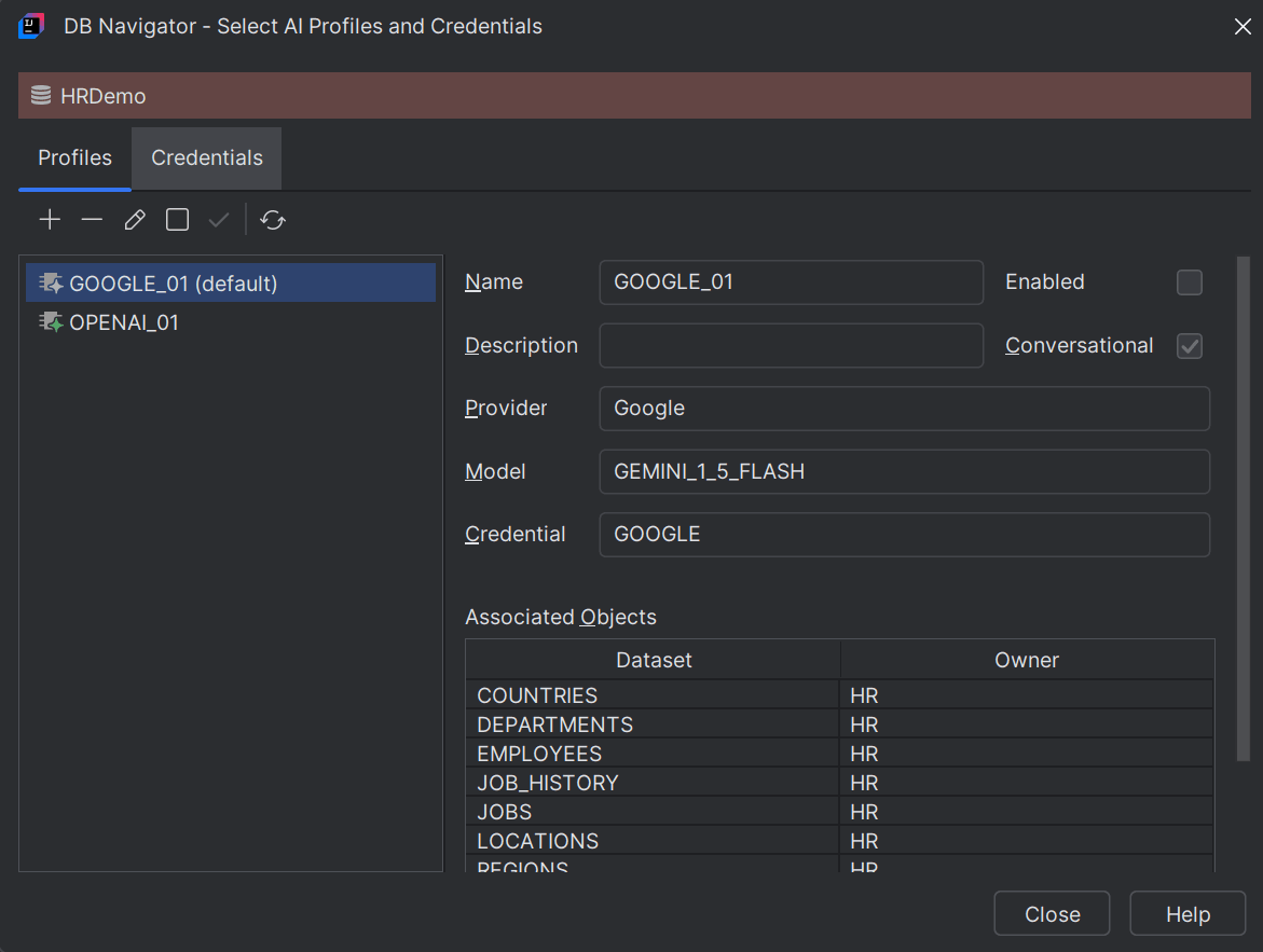 DB Navigator Select AI Profiles and Credentials dialog box