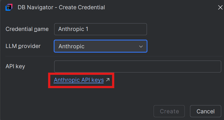 Create Credential dialog box for Public LLM Providers