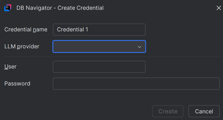 DB Navigator - Create Credential dialog box