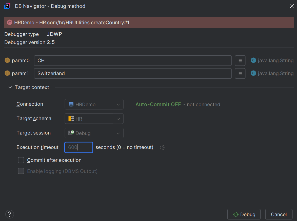 DB Navigator - Debug Java Method dialog box