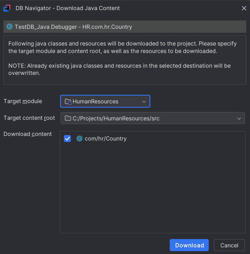 DB Navigator - Download Java Content dialog box