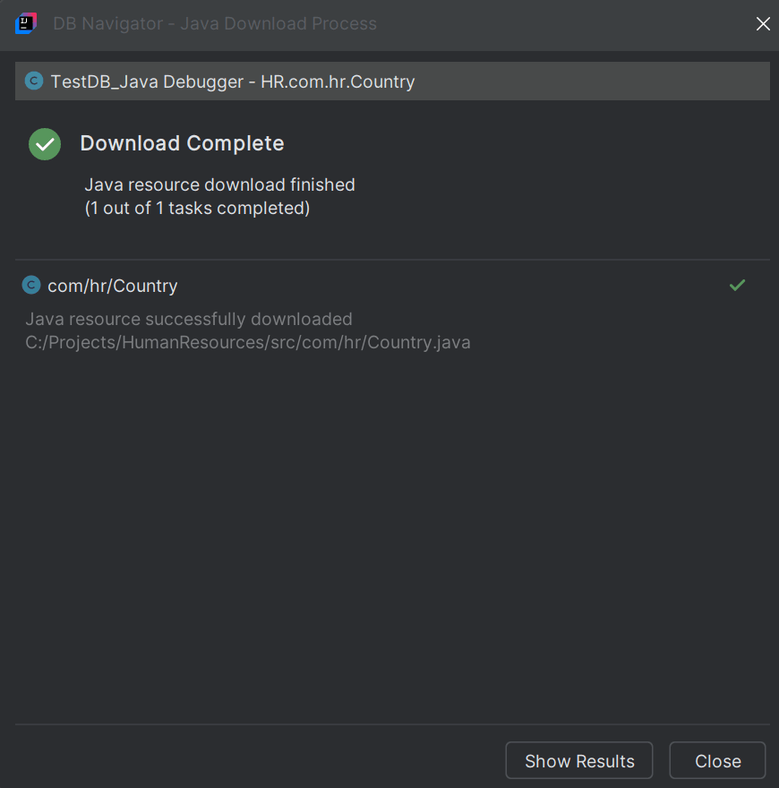 DB Navigator - Java Download Process window