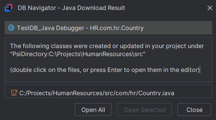 DB Navigator - Java Download Results dialog box