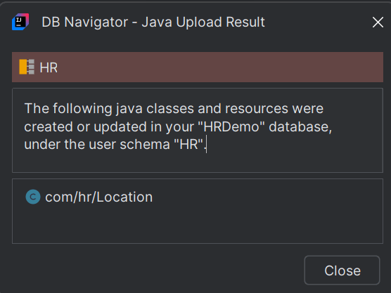 DB Navigator - Java Upload Results dialog box