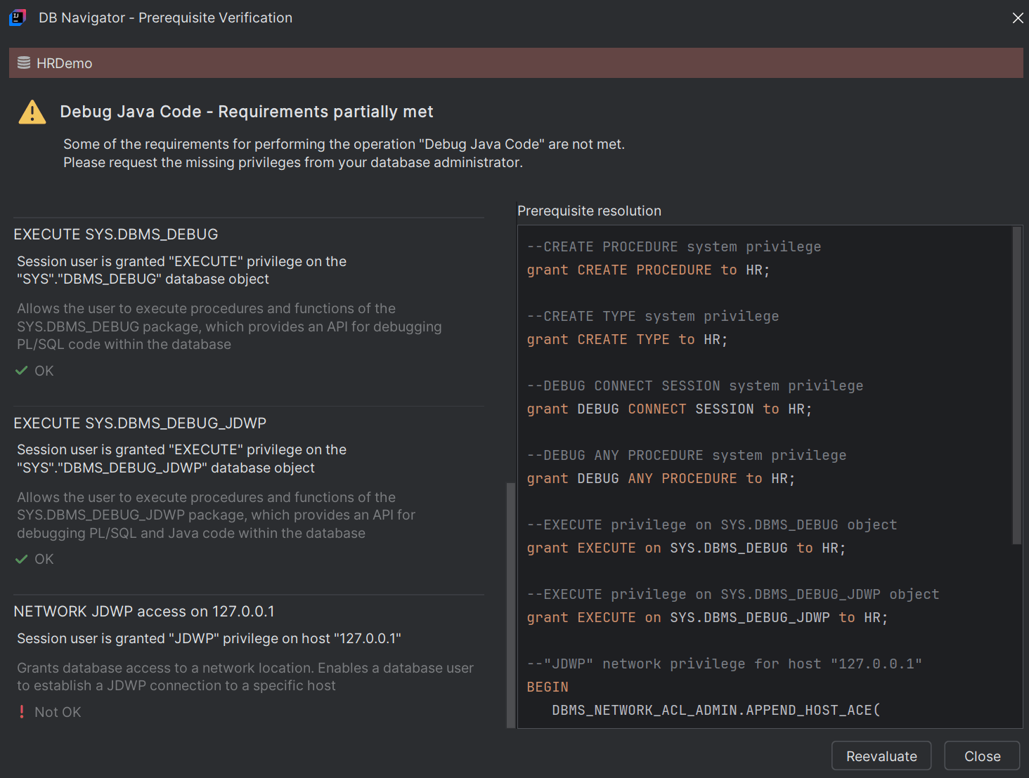 DB Navigator - Prerequisite Verification dialog box