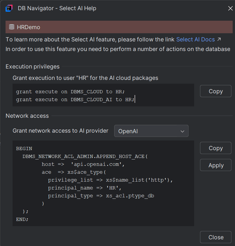 DB Navigator Select AI Help window