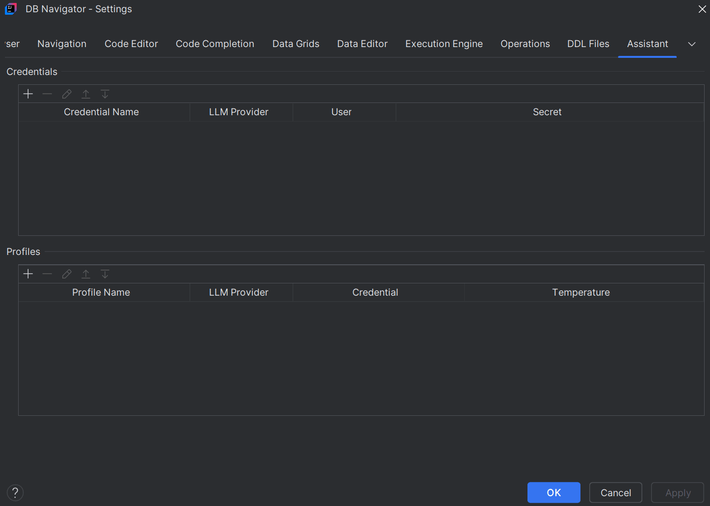 DB Navigator - Settings window for DB Assistant