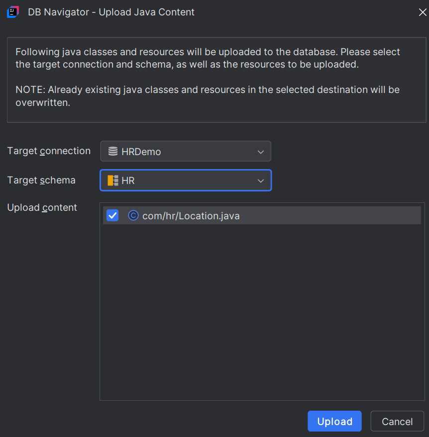 DB Navigator - Upload Java Content dialog box