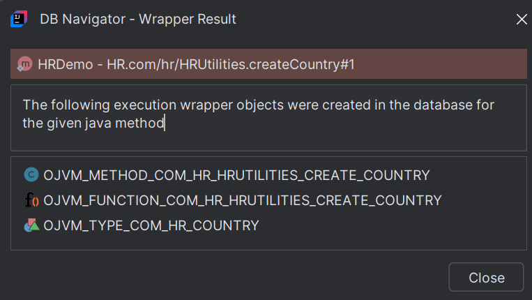DB Navigator - Wrapper Result window for Java method