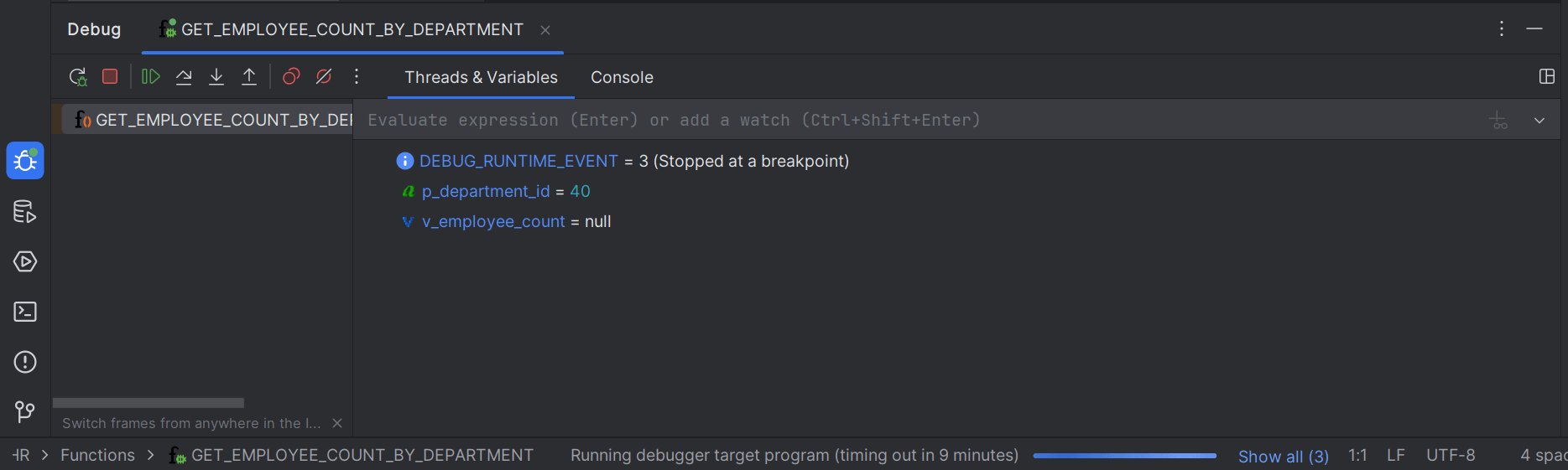 PLSQL Debug Console window- Threads and Variables tab