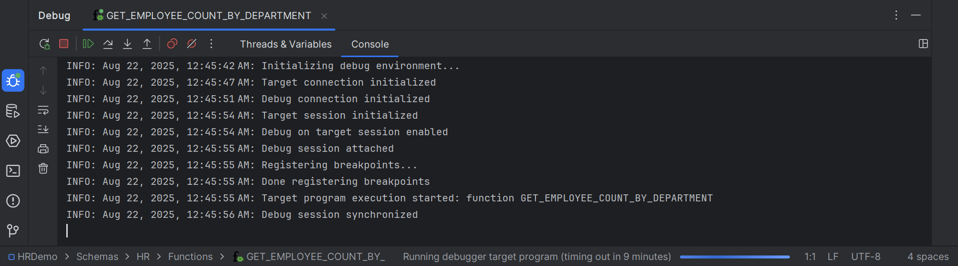 Debung Console tab with debug session details