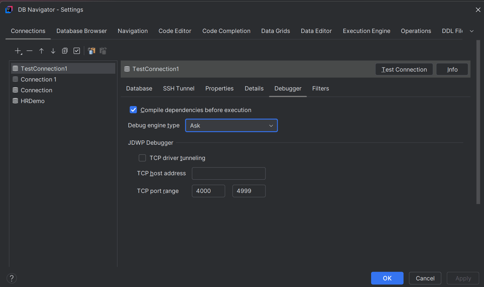 Debugger settings tab for a DB connection