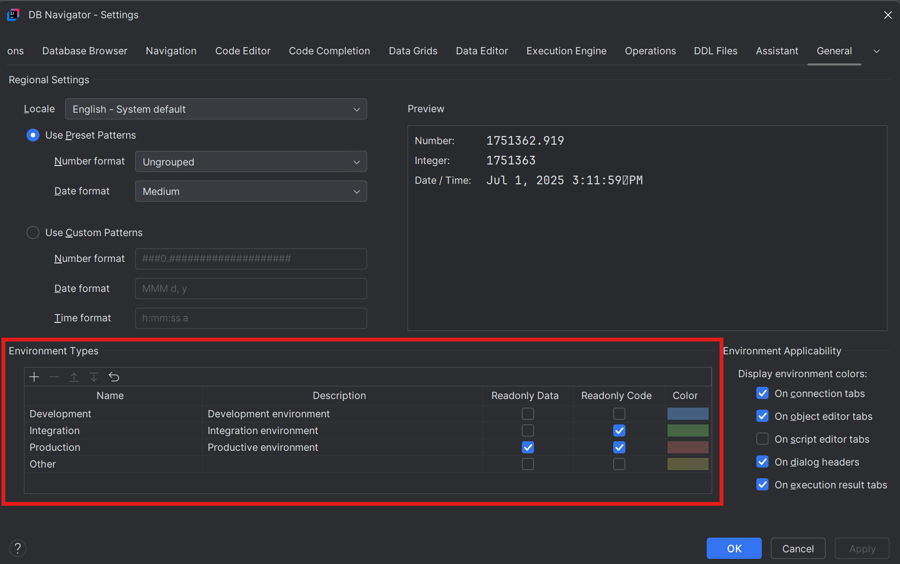 Environment Type configurations