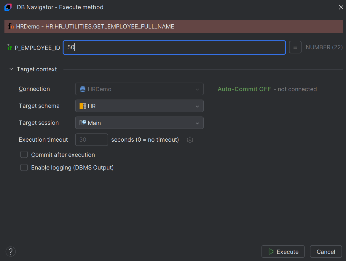 DB Navigator - Execute Method dialog box