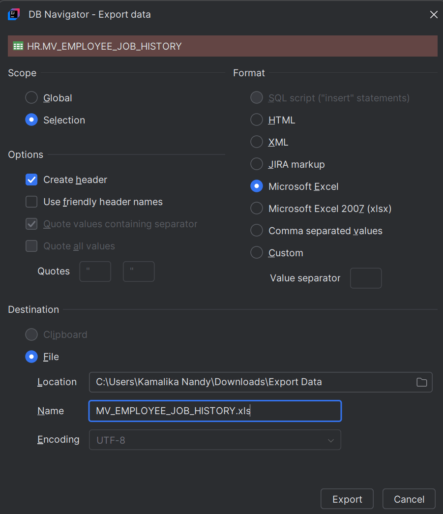 Export Data dialog box