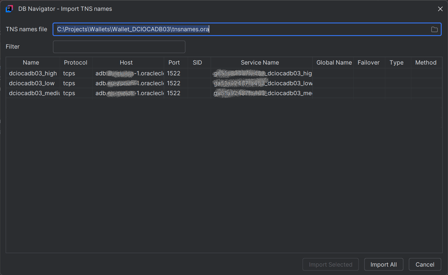 Import TNS Names dialog box