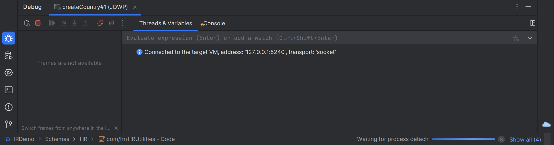 Java Debug output window - Threads and Variables tab
