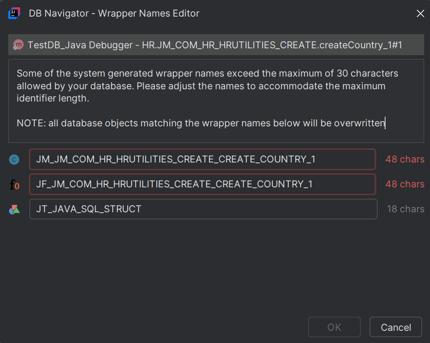 DB Navigator - Wrapper Names Editor window