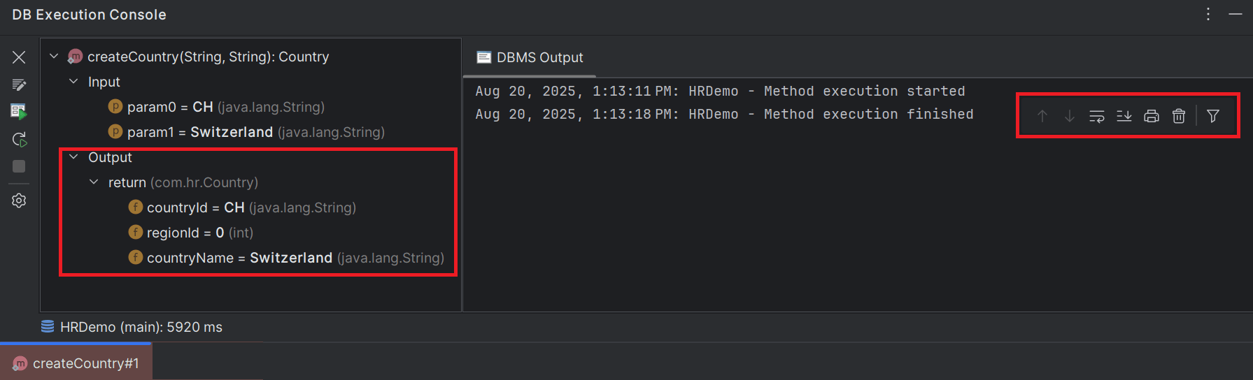 Java execution results in DB Console