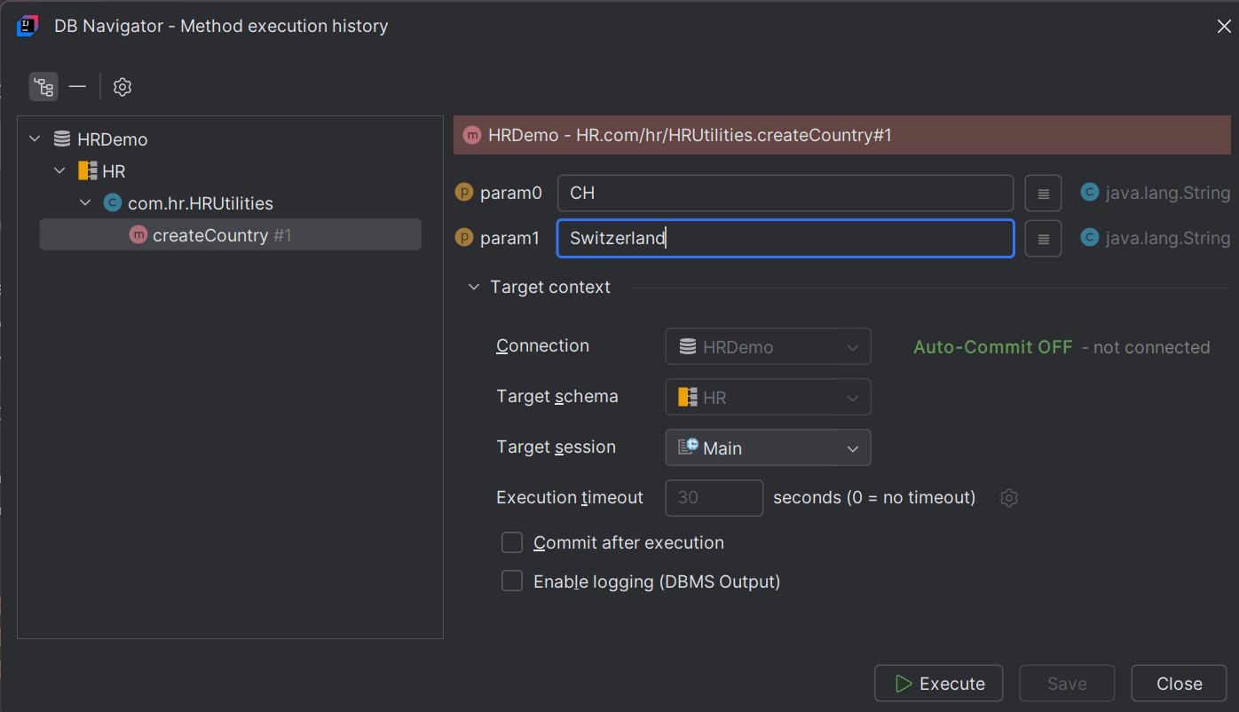 Java Method Execution History window