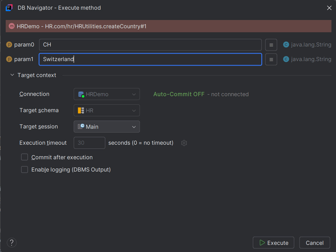 DB Navigator - Execute (Java) Method dialog box