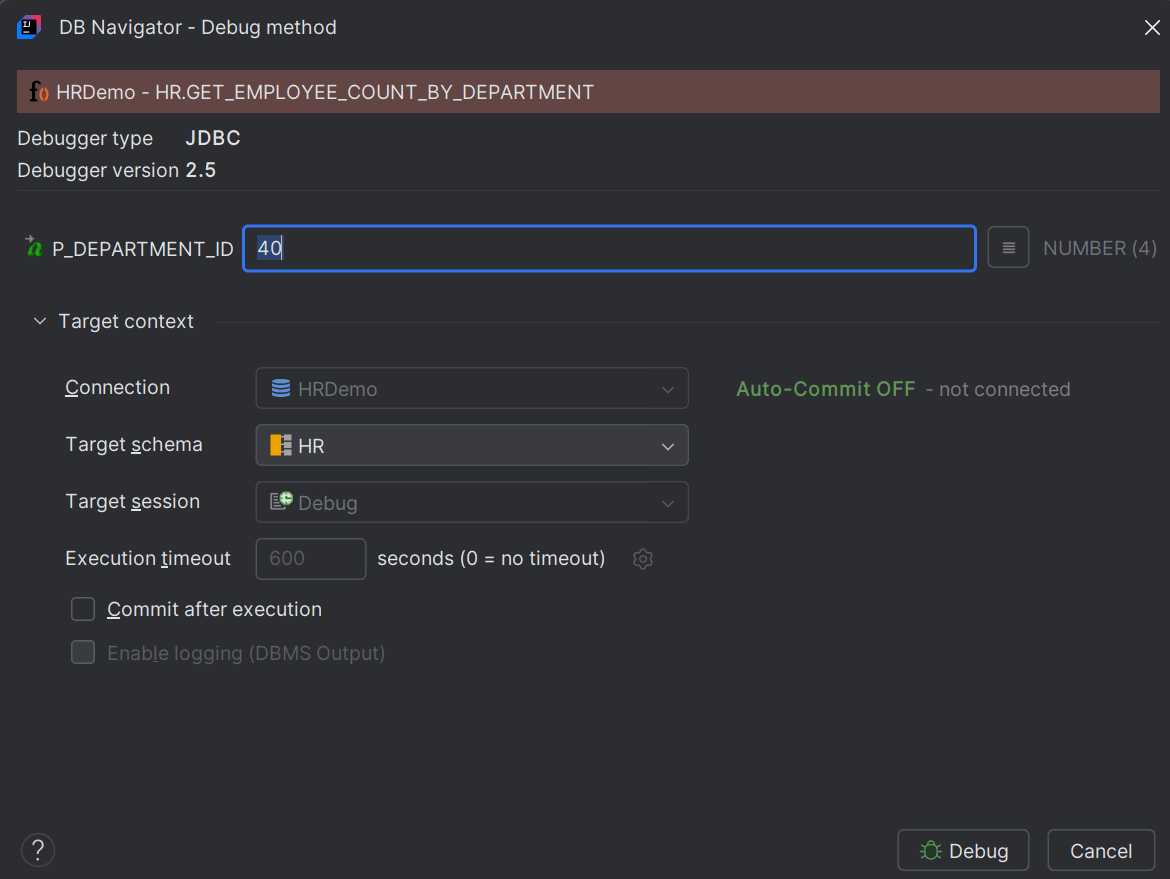 DB Navigator - Debug Method dialog box