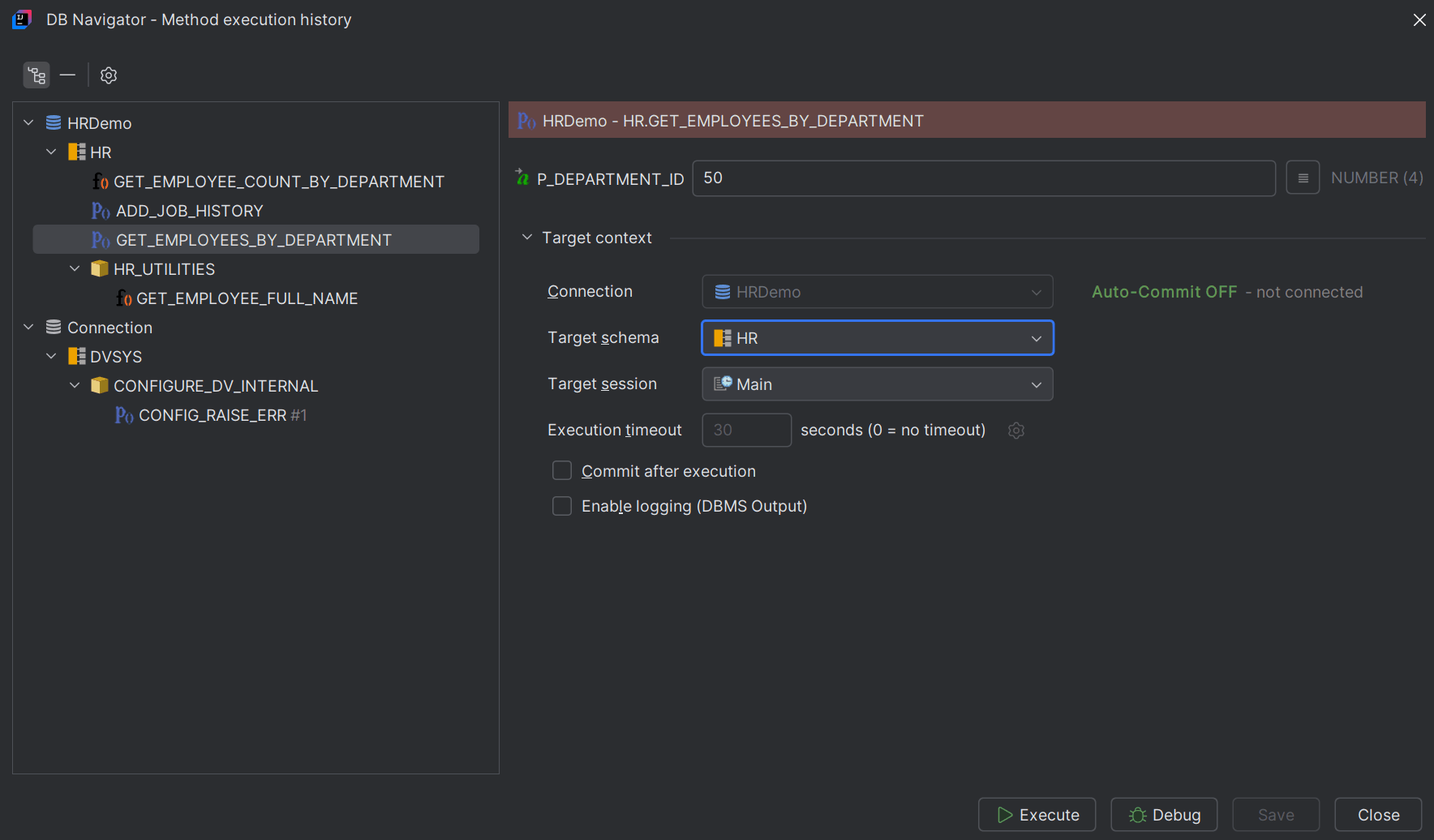 Method Execution History window Method Execution History window