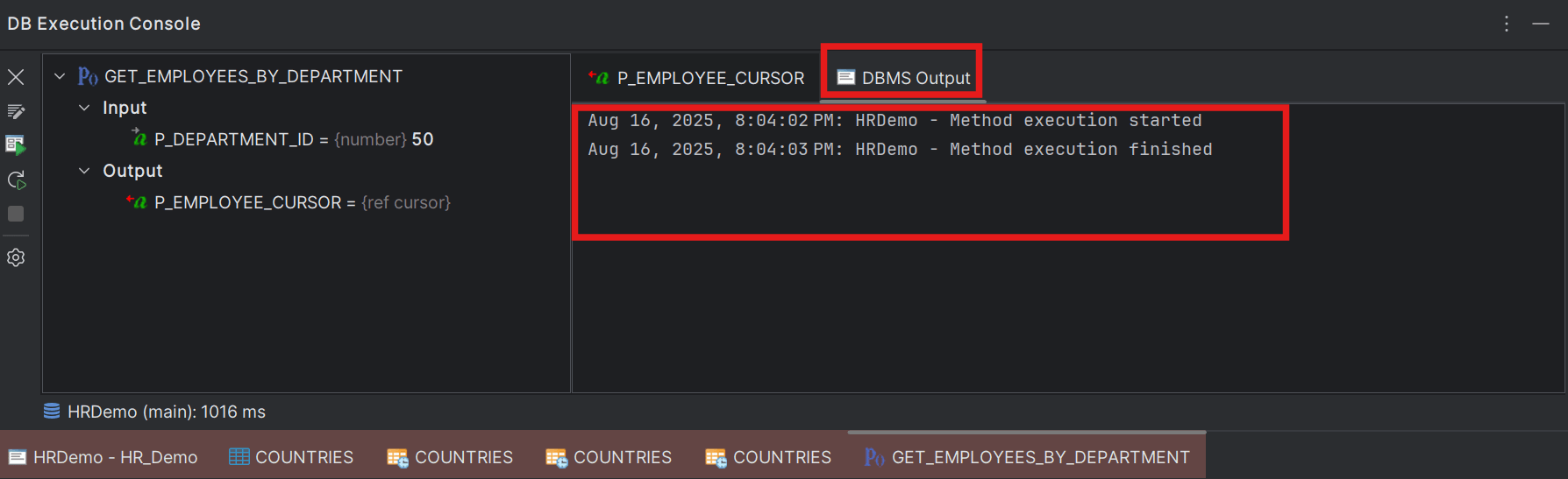 DBMS Output tab of DB Console window
