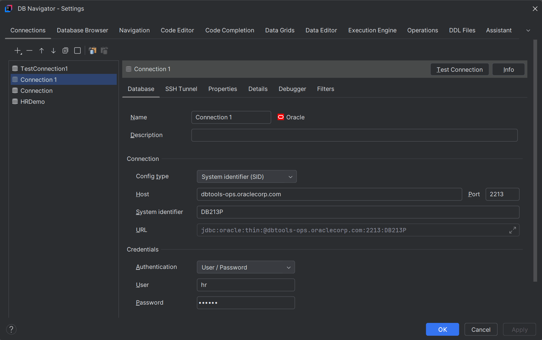 Create new database connection wizard