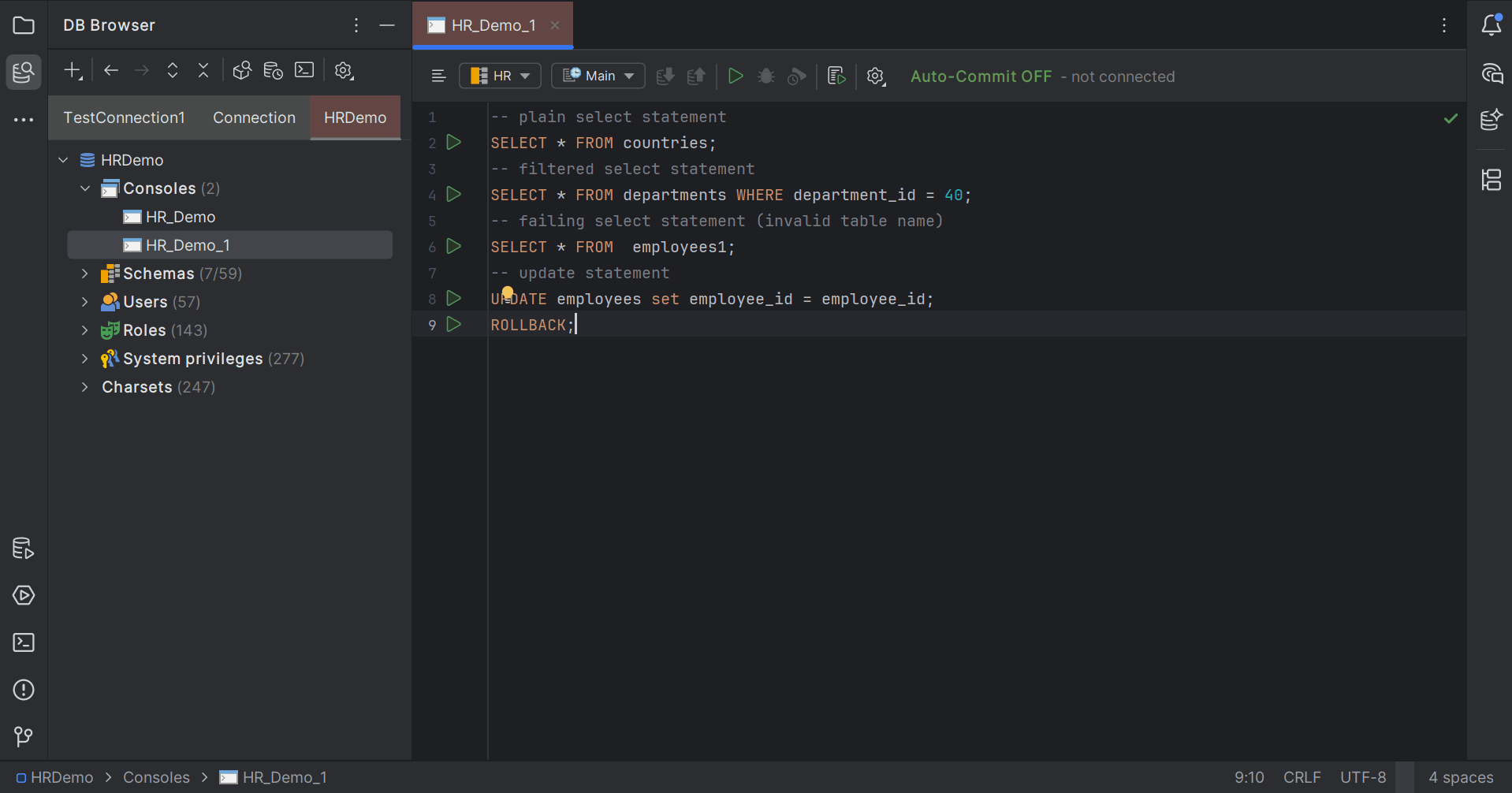 New SQL console open in editor pane