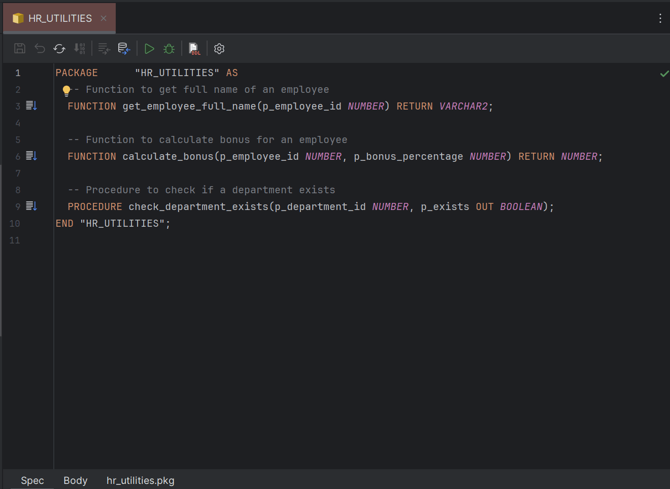 Sample program editor for DB package specification