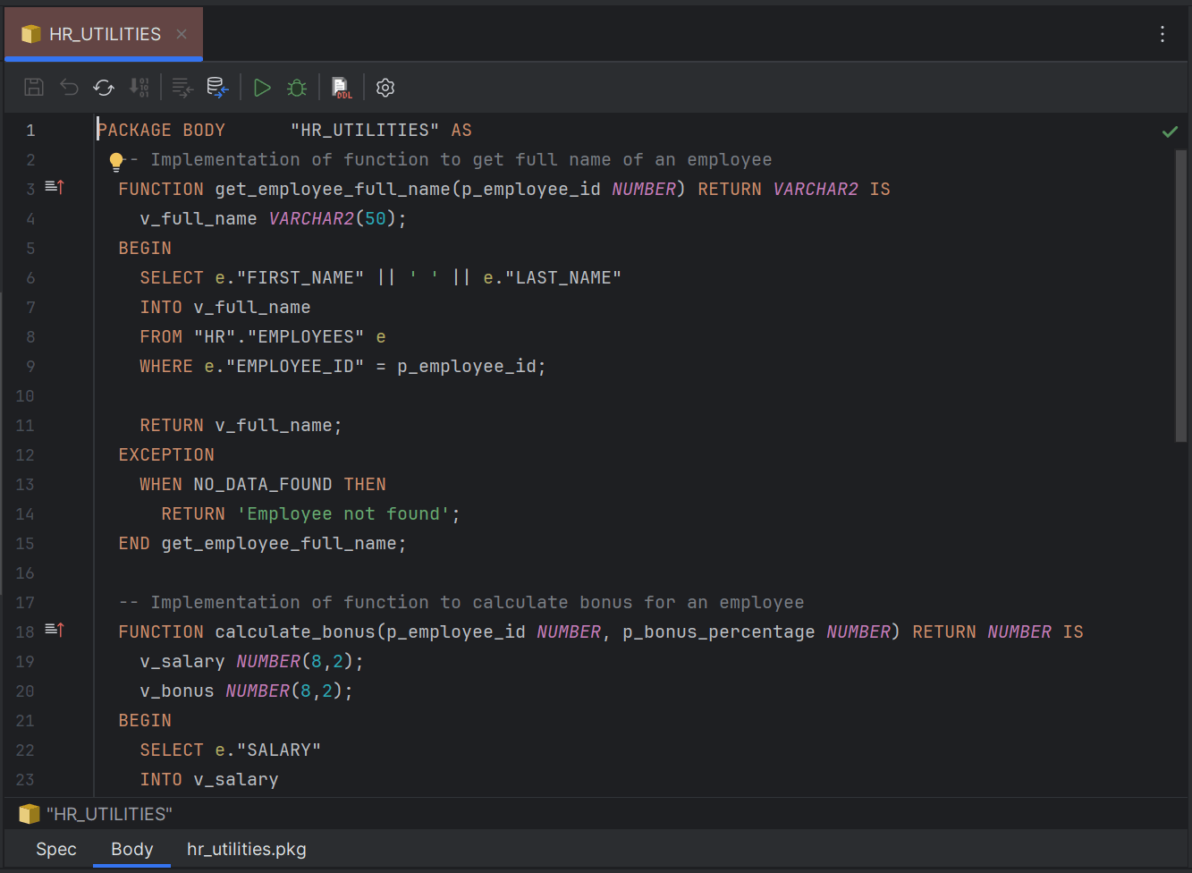 Sample program editor for DB package body