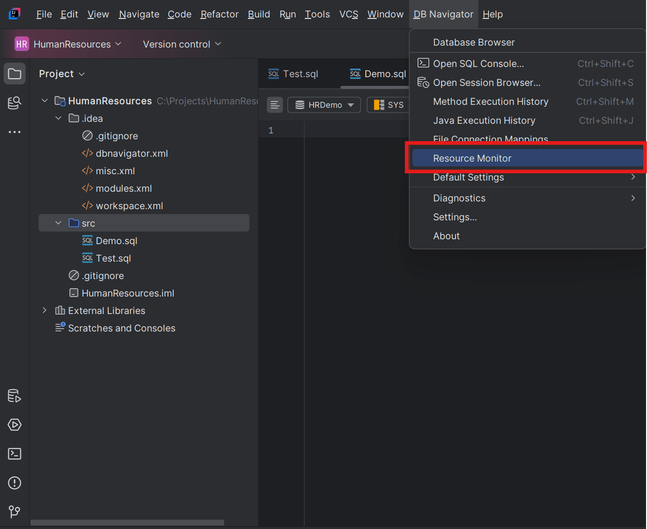 Menu option to access Resource Monitor