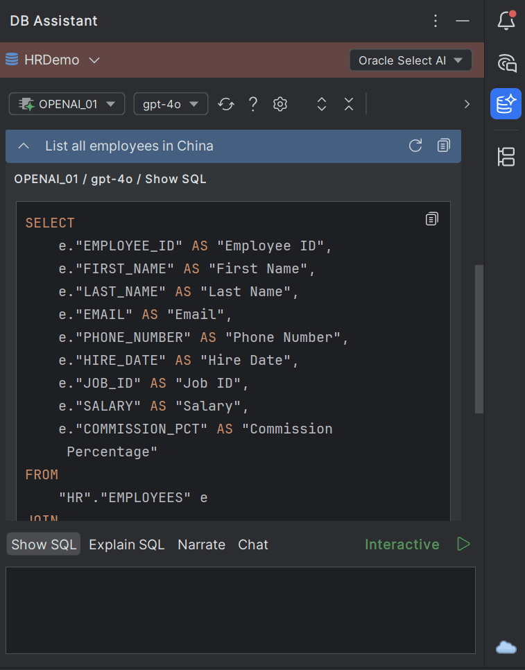 Sample query response in DB Assistant using Oracle Select AI