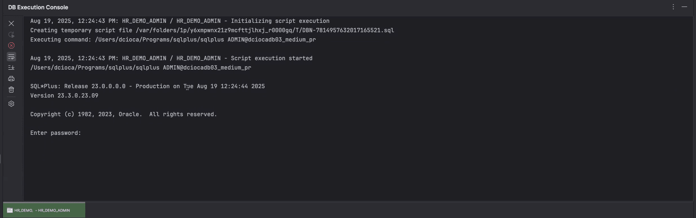 Script execution result in DB Console window